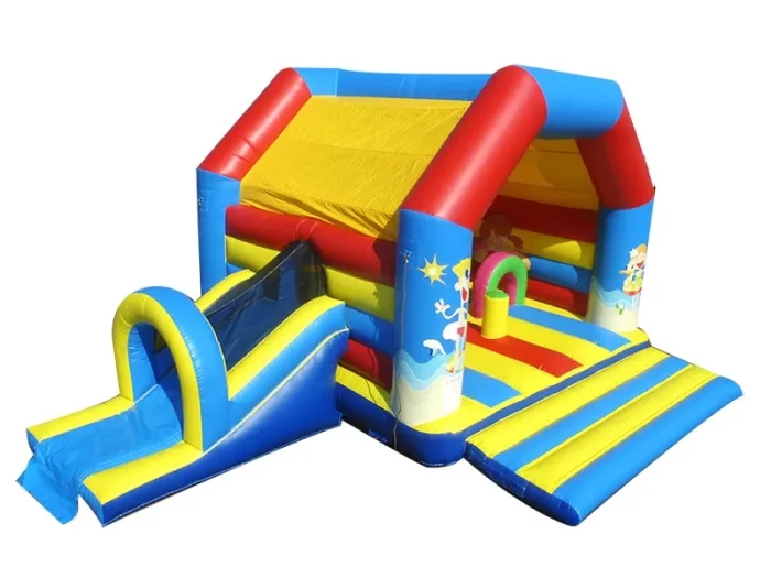 Bright inflatable jumping castle with slide, colorful red, yellow, and blue design. Perfect for kids' parties. Buy high-quality inflatables online in Australia!