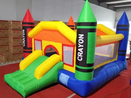 Crayon-themed jumping castle with slide, vibrant and fun for kids' parties. Buy high-quality inflatable castles online in Australia today!