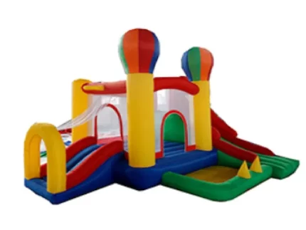 Hot air balloon-themed jumping castle with dual slides, vibrant design, and play area. Perfect for kids' parties. Buy online in Australia today!