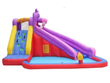 Unicorn-themed inflatable slide with climbing wall and splash pool, perfect for kids' parties. Buy colourful inflatables online in Australia today!