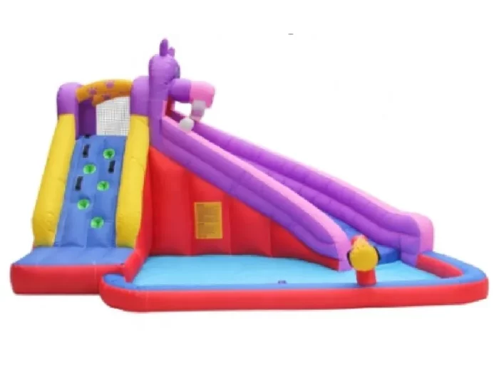 Unicorn-themed inflatable slide with climbing wall and splash pool, perfect for kids' parties. Buy colourful inflatables online in Australia today!