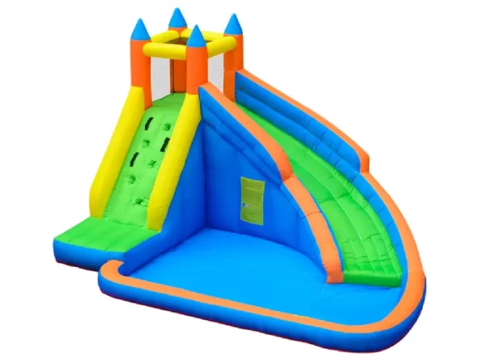 Castle-themed inflatable with climbing wall, slide, and splash pool. Perfect for kids' events. Buy colourful inflatables online in Australia today!